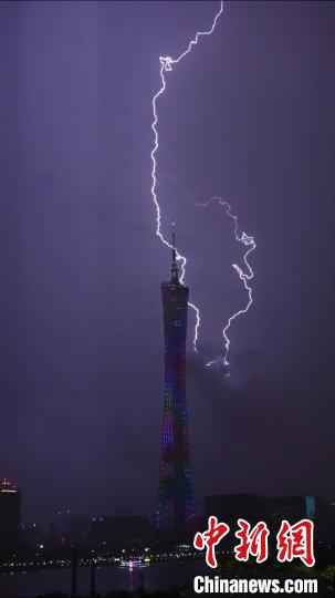 电闪雷鸣下的广州塔。 陈骥旻 摄 广州发布冰雹预警 强对流天气致行道树折断